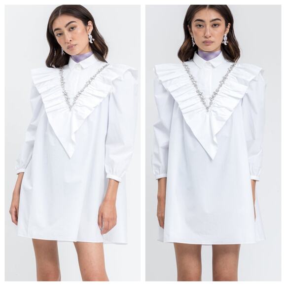 Shushu/Tong size Medium White Shirt Minidress Cotton Poplin Rhinestone Ruffle - Picture 1 of 10